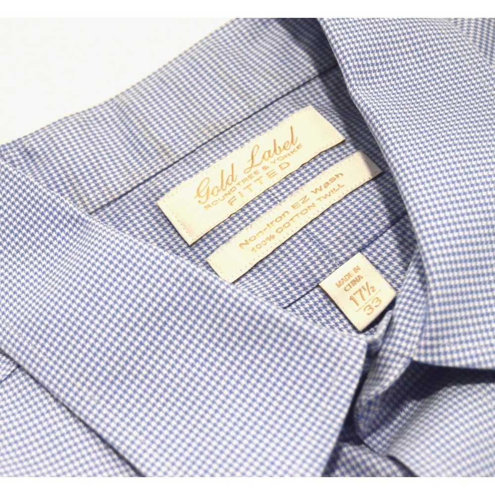 Roundtree & Yorke Size 17.5/33 Gold Label Fitted Twill Shirt Blue/White Pattern